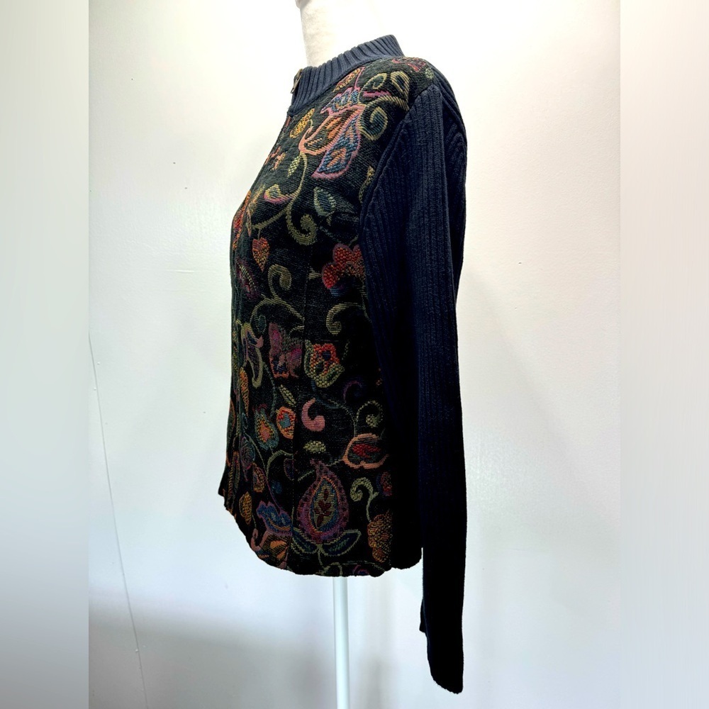 Christopher & Banks Black Ribbed w Jewel Tone Jacquard Floral Zip Front Cardigan - Picture 5 of 12